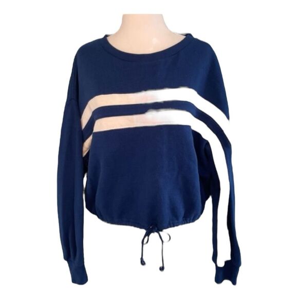 RVCA Aced Striped Sweatshirt Blue White Fleece Cropped Long Sleeve Crewneck - Picture 2 of 6
